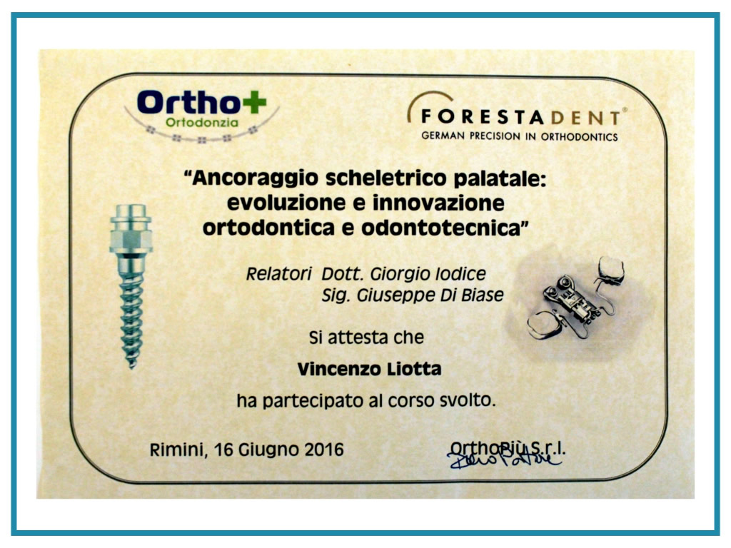 Attestato partecipazione corso - Liotta Ortodonzia Palermo