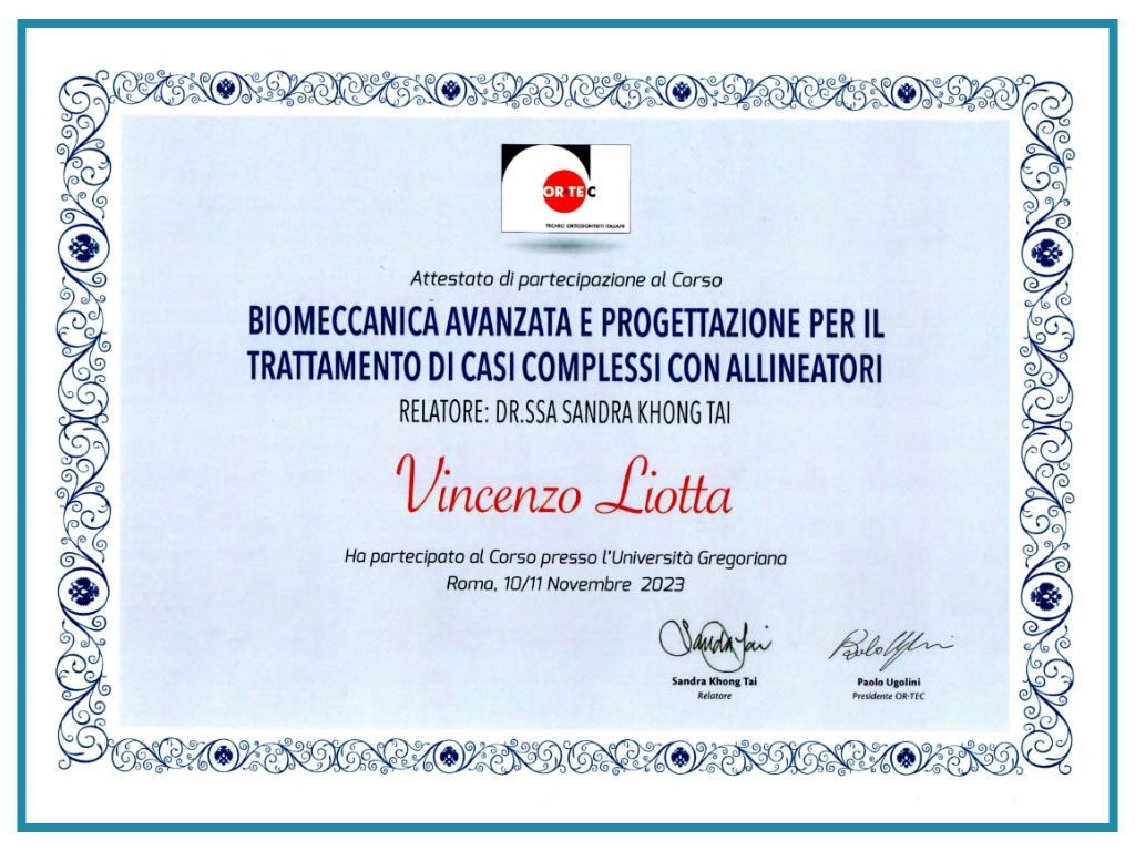 Certificazione Corso Biomeccanica Avanzata e Progettazione per il Trattamento di Casi Complessi con Allineatori - Liotta Ortodonzia Palermo