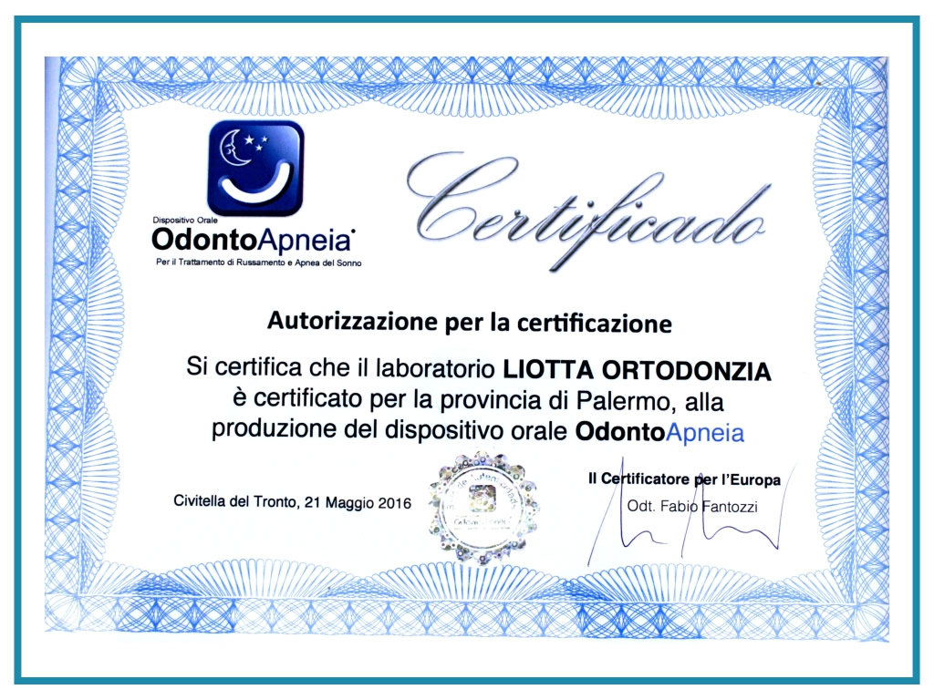 Certificazione di produzione dispositivi antirussamento - Liotta Ortodonzia Palermo