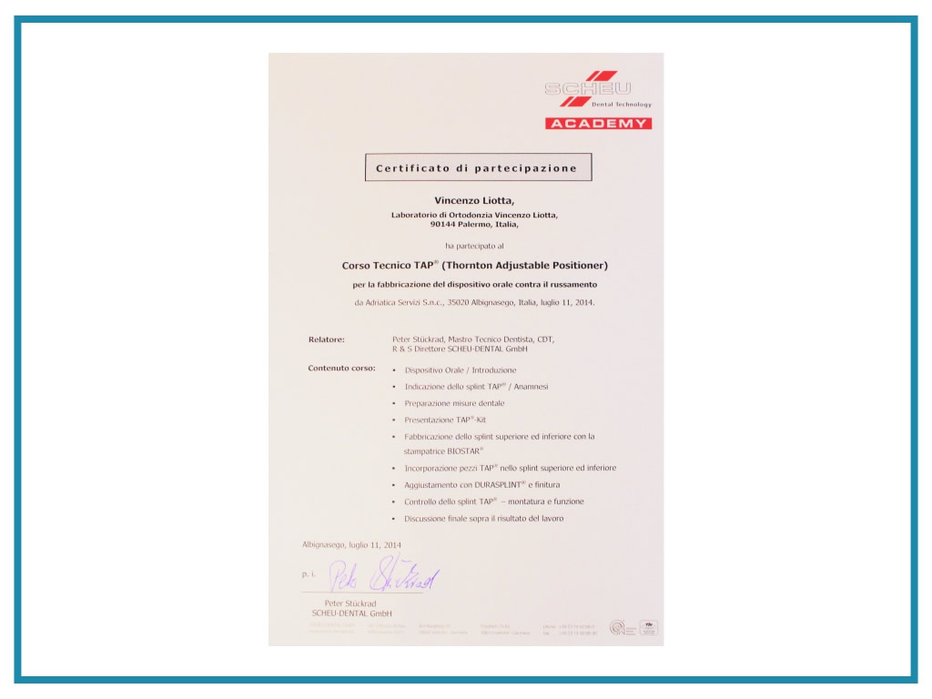 Certificato di partecipazione corso - Liotta Ortodonzia Palermo